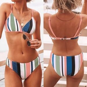 NWT Pink Blue White Bikini Set Size Small Stripe Print Bathing Suit
